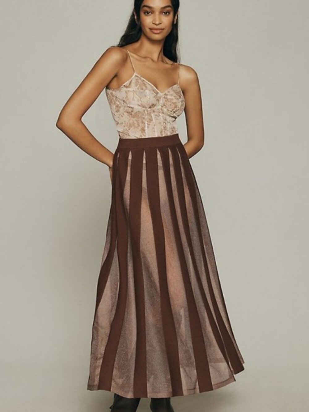 Anthropologie Sheer Pleated Maxi Skirt Brown Stretch S - Picture 3 of 9